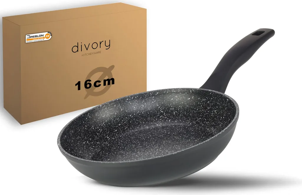 DIVORY Frying Pan 16cm (Non-Induction) – Non-Stick Coated Small Universal Pan for All Hob Types – Safe Handles (Black, 16cm)