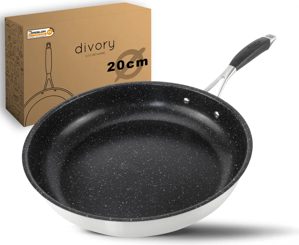 DIVORY Stainless Steel Frying Pan 20 cm Induction Compatible | Non-stick coated small frying pan for all hob types | Ergonomic handle, dishwasher safe