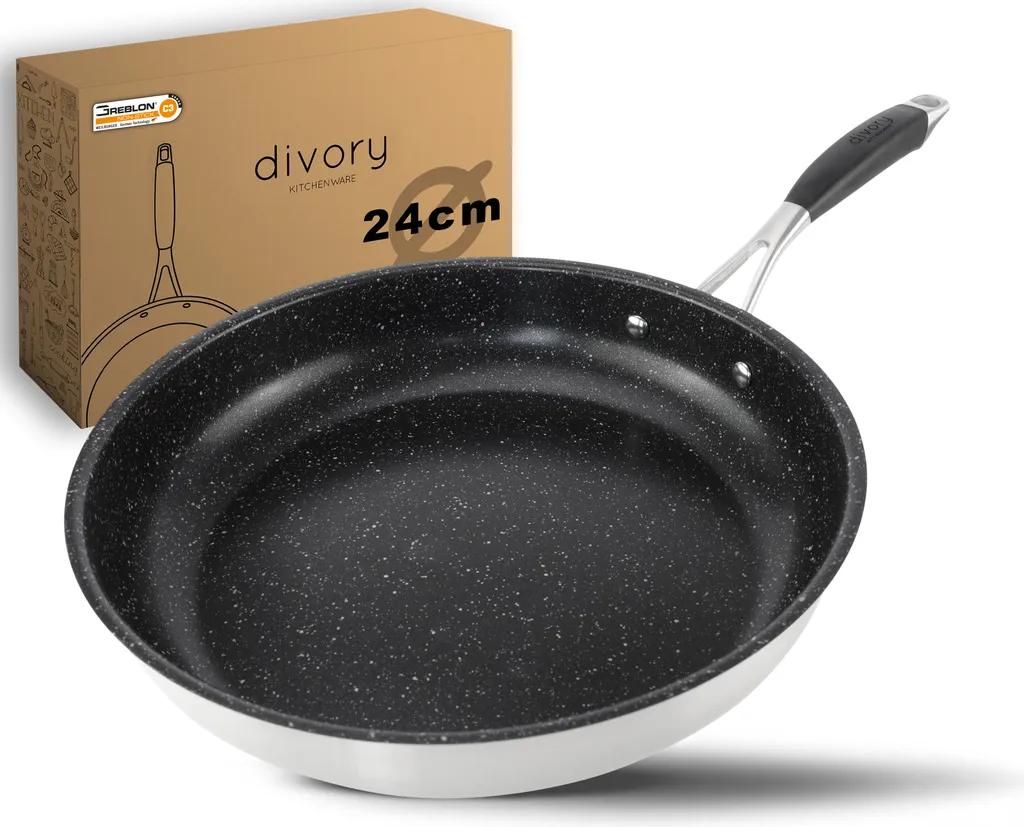DIVORY Stainless Steel Frying Pan 24 cm Induction | Non-stick coated large frying pan for all hob types | Ergonomic handle, dishwasher safe
