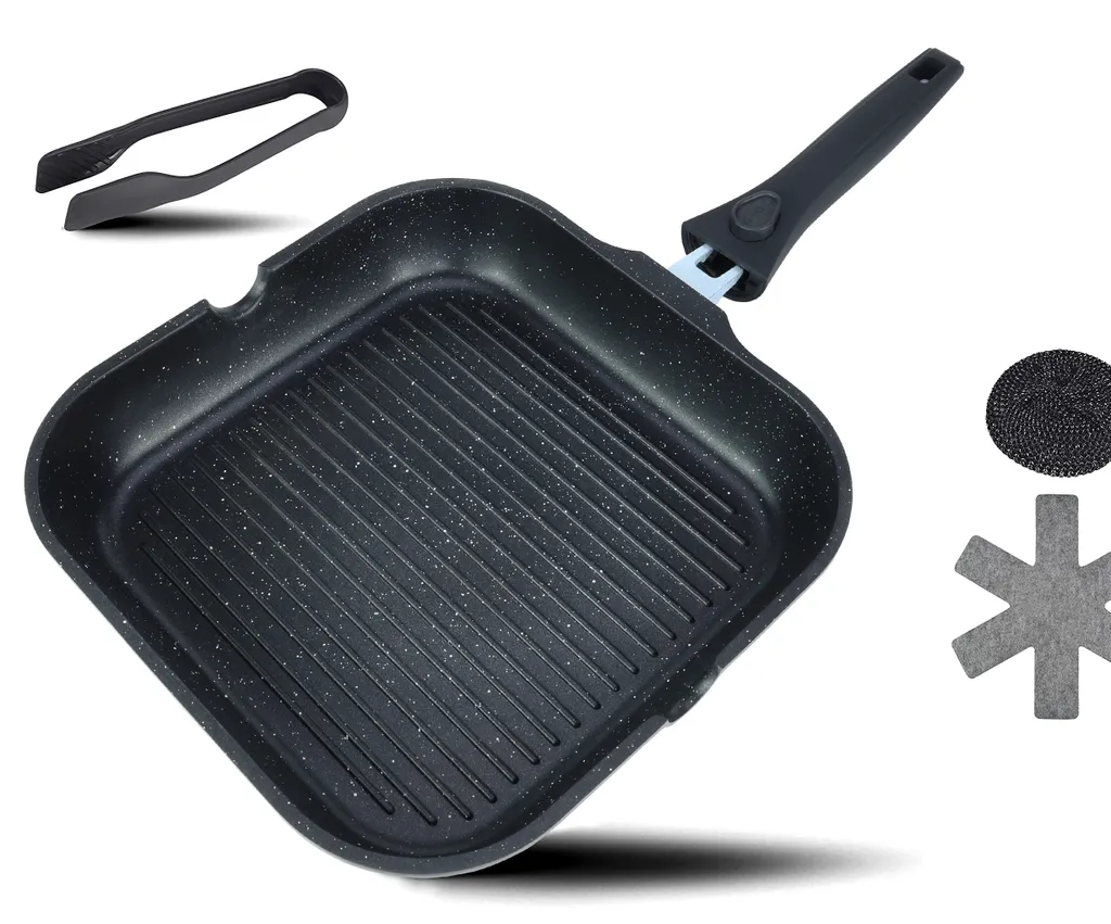 DIVORY Grill Pan 28x28cm with Pouring Spout and Detachable Handle - Steak Pan for Induction Cooking - Coated Pan for Grilling, Including Grill Tongs & Felt Pad