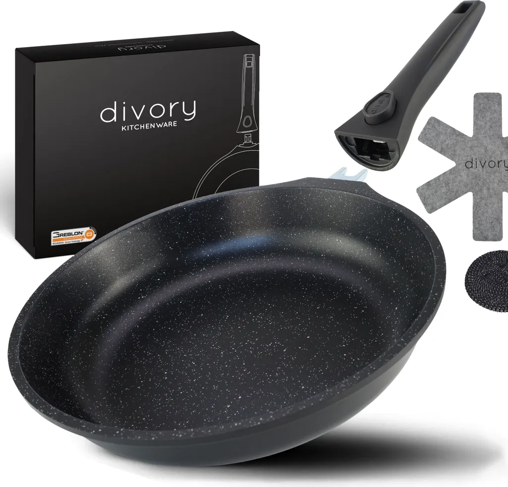 DIVORY 24cm frying pan | Detachable handle, induction compatible, coated, aluminum – medium frying pan + pan protector - induction-compatible frying pan