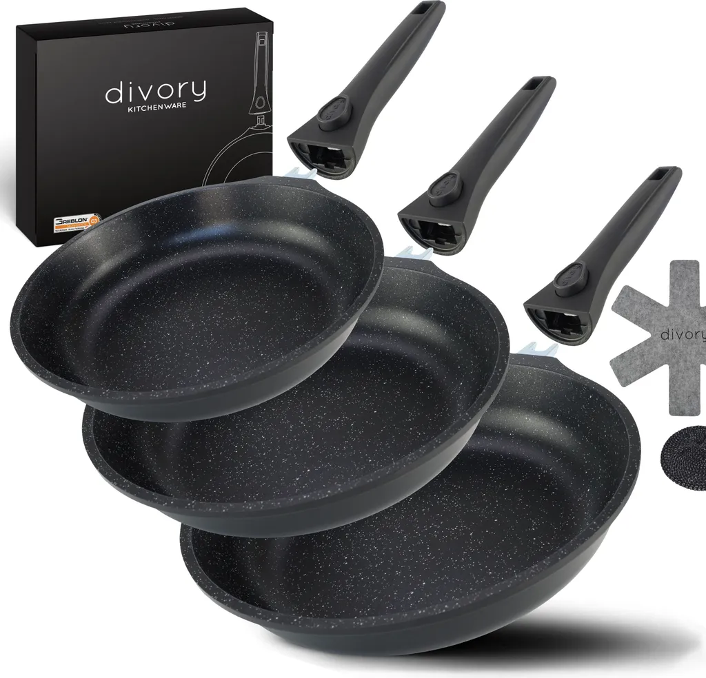 DIVORY frying pan set 20, 24, 28 cm, removable handle, non-stick frying pan for induction cooktops with high sides, non-stick coated frying pan, coated pans with high sides