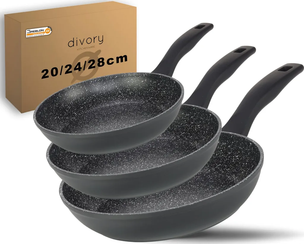 DIVORY 3-piece frying pan set (20, 24, 28cm pans) - Induction compatible - Non-stick coated universal pan - suitable for all hob types - Secure handles, dishwasher safe