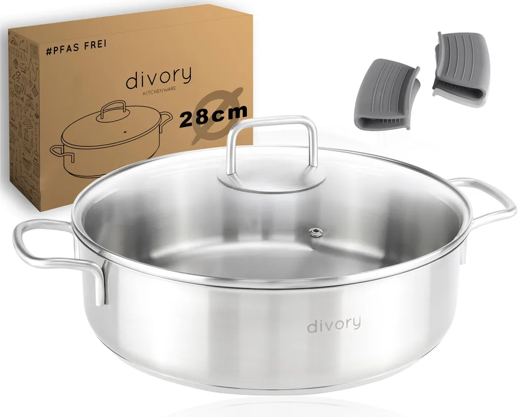 DIVORY 28 cm Casserole Pan – High Stainless Steel Serving Pan, Uncoated & PTFE-Free, Casserole Dish with Lid, Suitable for Induction & Oven
