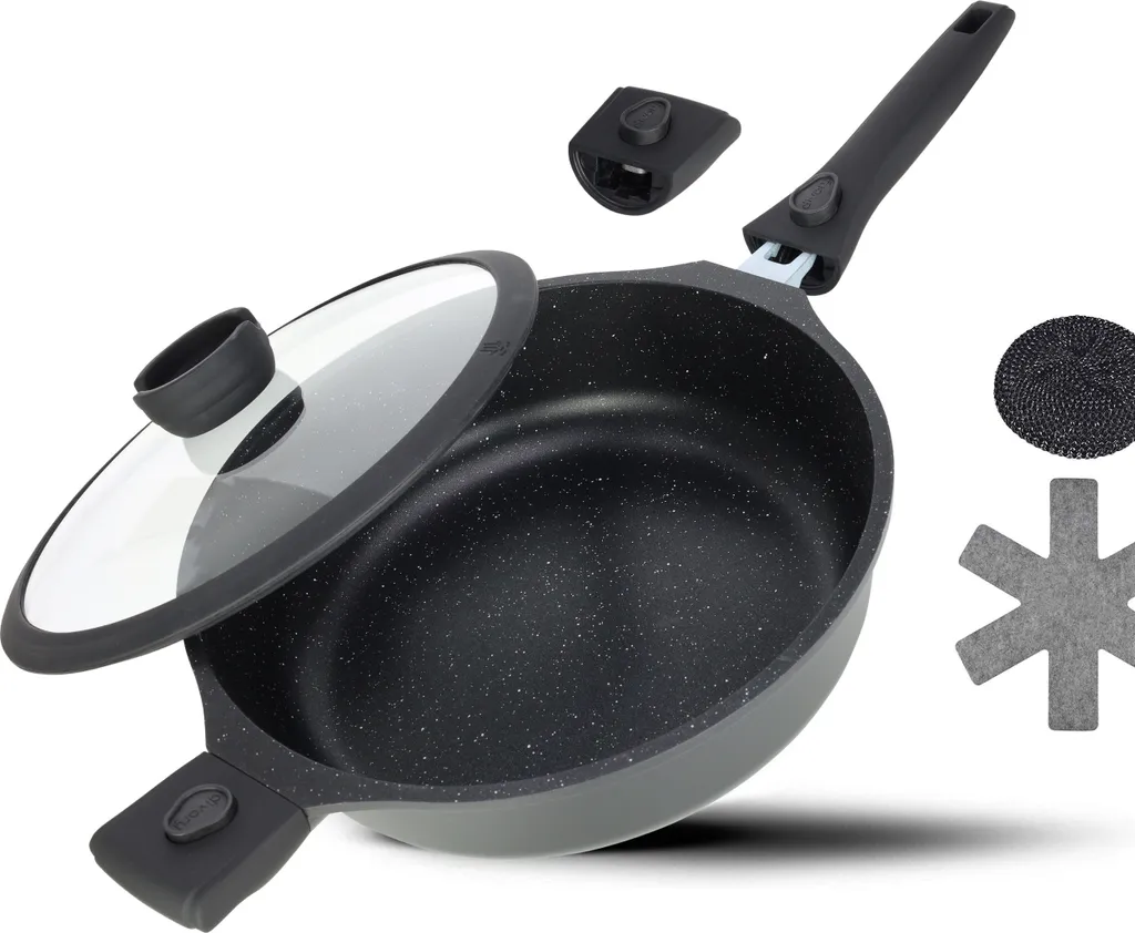 DIVORY 28cm induction-compatible braising pan, 4.2L serving pan with lid – removable handle, coated ovenproof saucepan, high-sided aluminum braising pan