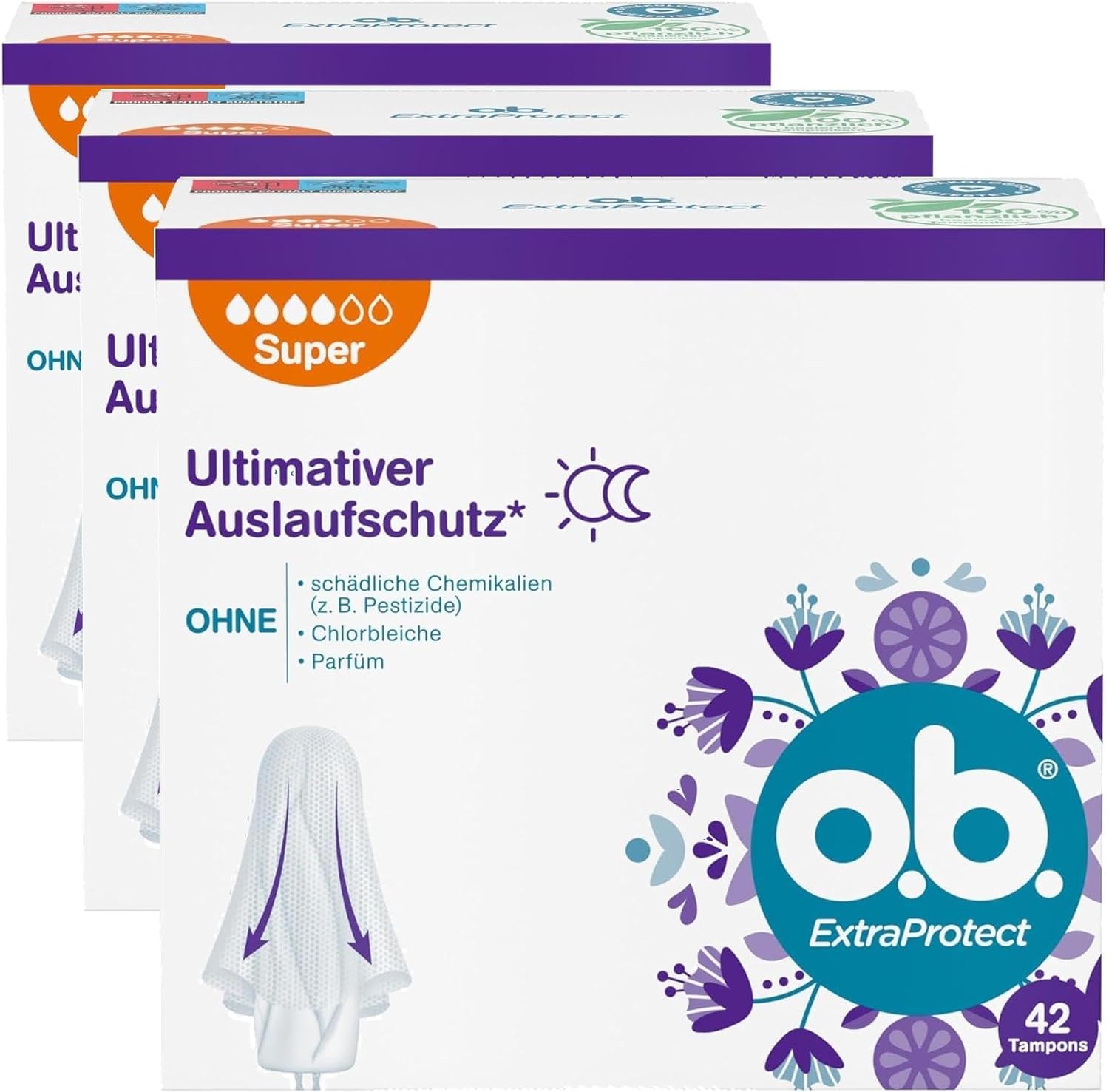 o.b. Store whether. ExtraProtect Super Tampons 3 x 42 Pieces with Dynamic Fit Technology for up to 100% Leakage Protection on Heavy Days