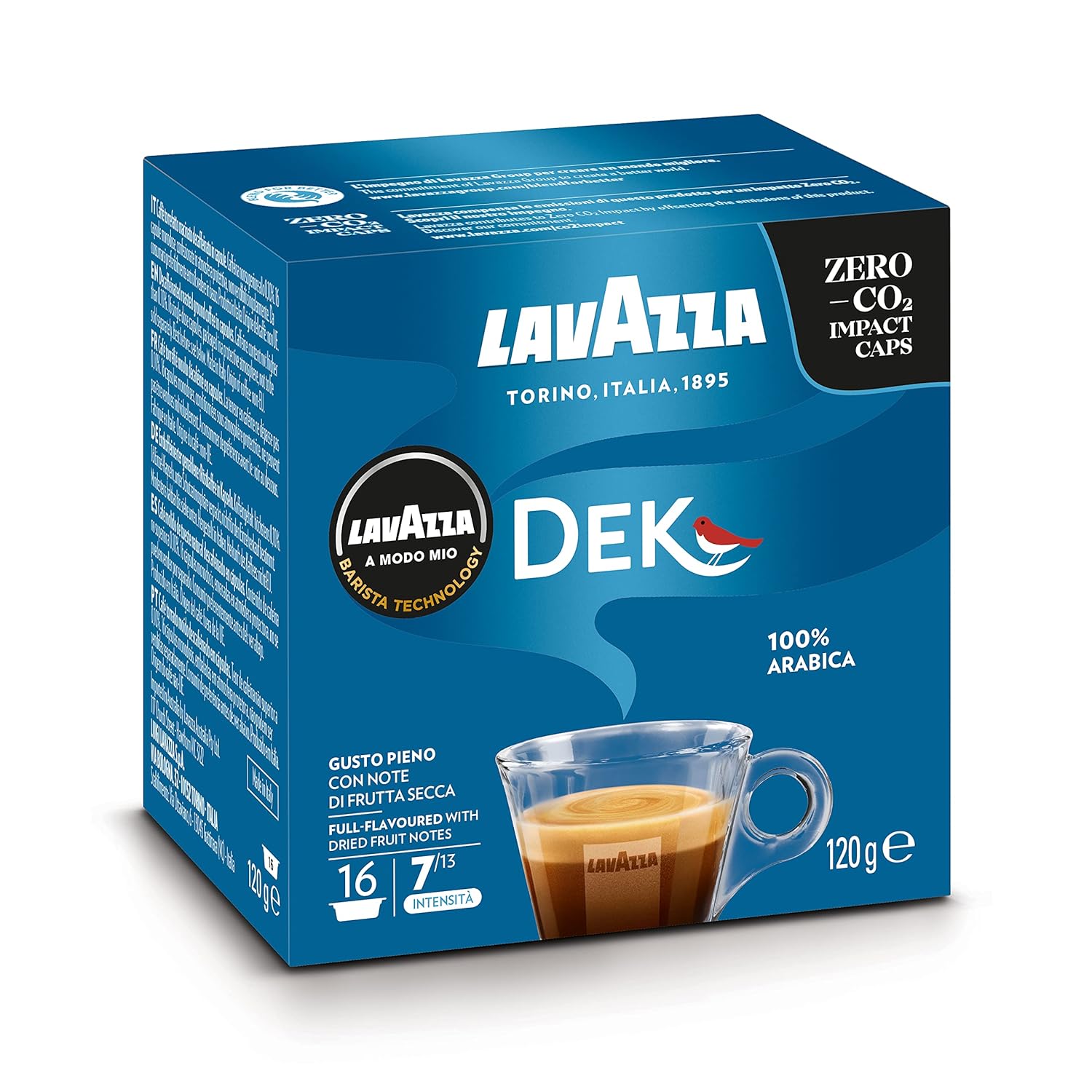 Lavazza, A Modo Mio Dek, Decaffeinated Espresso Capsules, 1 Pack of 16 Coffee Capsules, 100% Arabica, Full Bodied and Balanced Flavor, Intensity 7/10, Medium Roast