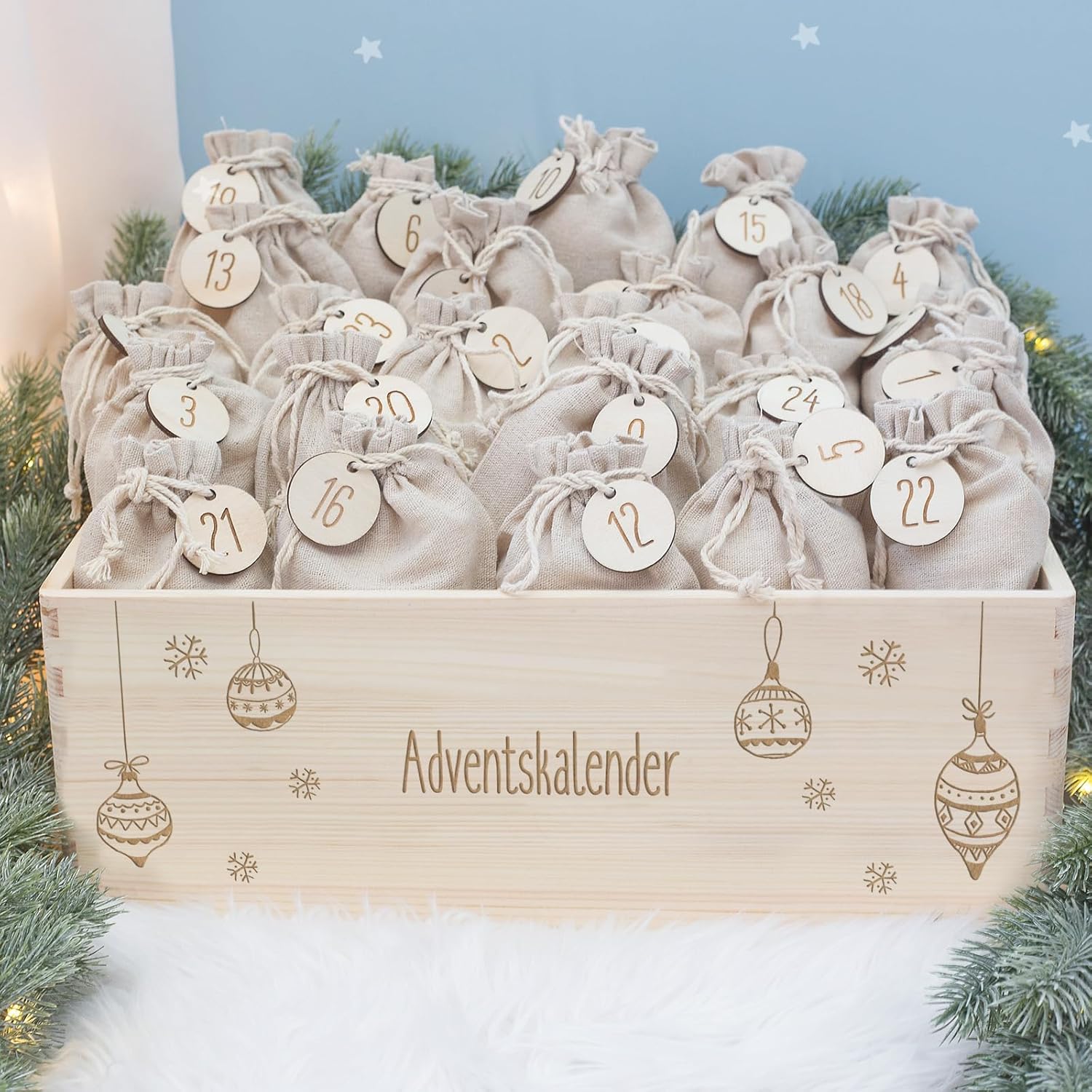 Personalized Advent Box - Wooden Advent Calendar with Name - Engraving Calendar DIY - Christmas Calendar for Children - Hello Mini (1Prime Balls)