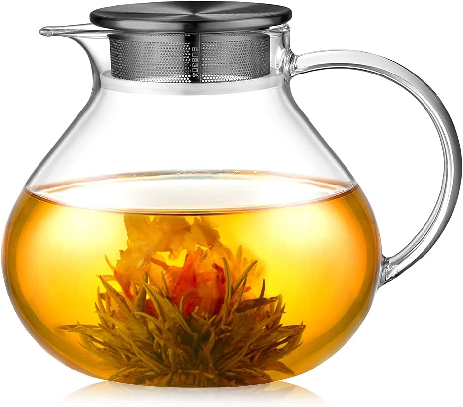 ecooe 1400 ml Simple Glass Teapot with 18/8 Black Stainless Steel 2 in 1 Tea Strainer Lid Borosilicate Glass Tea Maker Suitable for Cold and Hot Drinks Open Fire Stove Tea Warmer