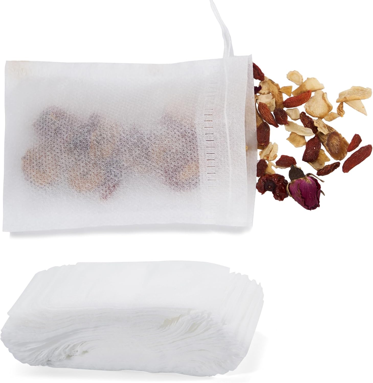 Pack of 100 Tea Bags for Loose Tea, with Drawstring, Tea Filter, Disposable Tea Bags Made of Non-Woven Fabric, Tea Filter Bags for Loose Tea, Herbs and Spices (White)