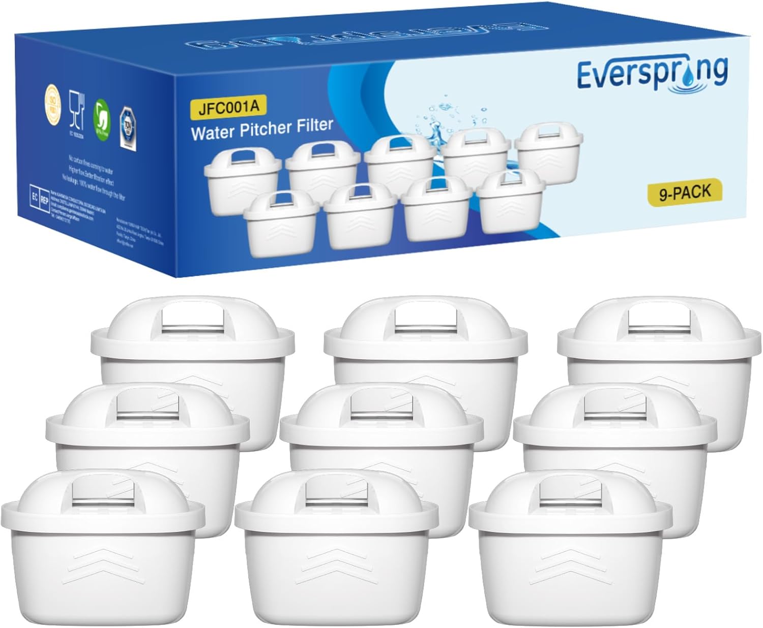 EVERSPRING Water Filter Compatible with Brita Maxtra+, Maxtra Plus, Mavea, Anna Duomax, Filtration for Limescale Removal, Reduces Impurities, Pack of 9
