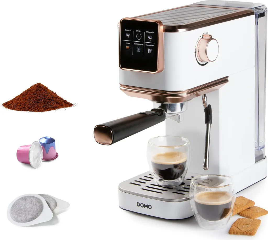 Domo DO746K, Combination Coffee Machine, 1.1 l, Coffee Capsule, Coffee Pod, Ground Coffee, 1350 W, Rose Gold, White