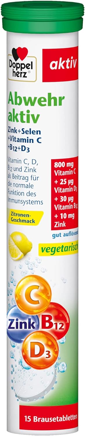 Doppelherz Active defence zinc + selenium + vitamin C + B12 + D3 - as a contribution to the normal function of the immune system - 15 well-dissolving effervescent tablets with lemon flavour