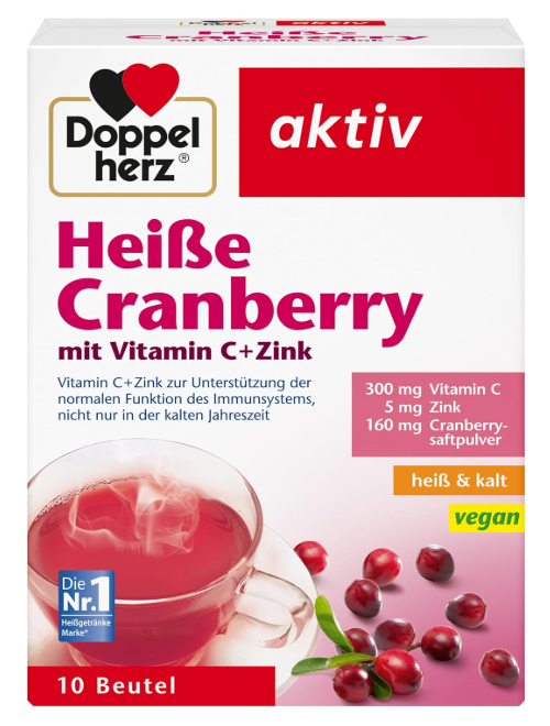 Doppelherz Hot Cranberry - Vitamin C and Zinc to Support the Normal Function of the Immune System - Hot and Cold - Vegan - 10 Bags
