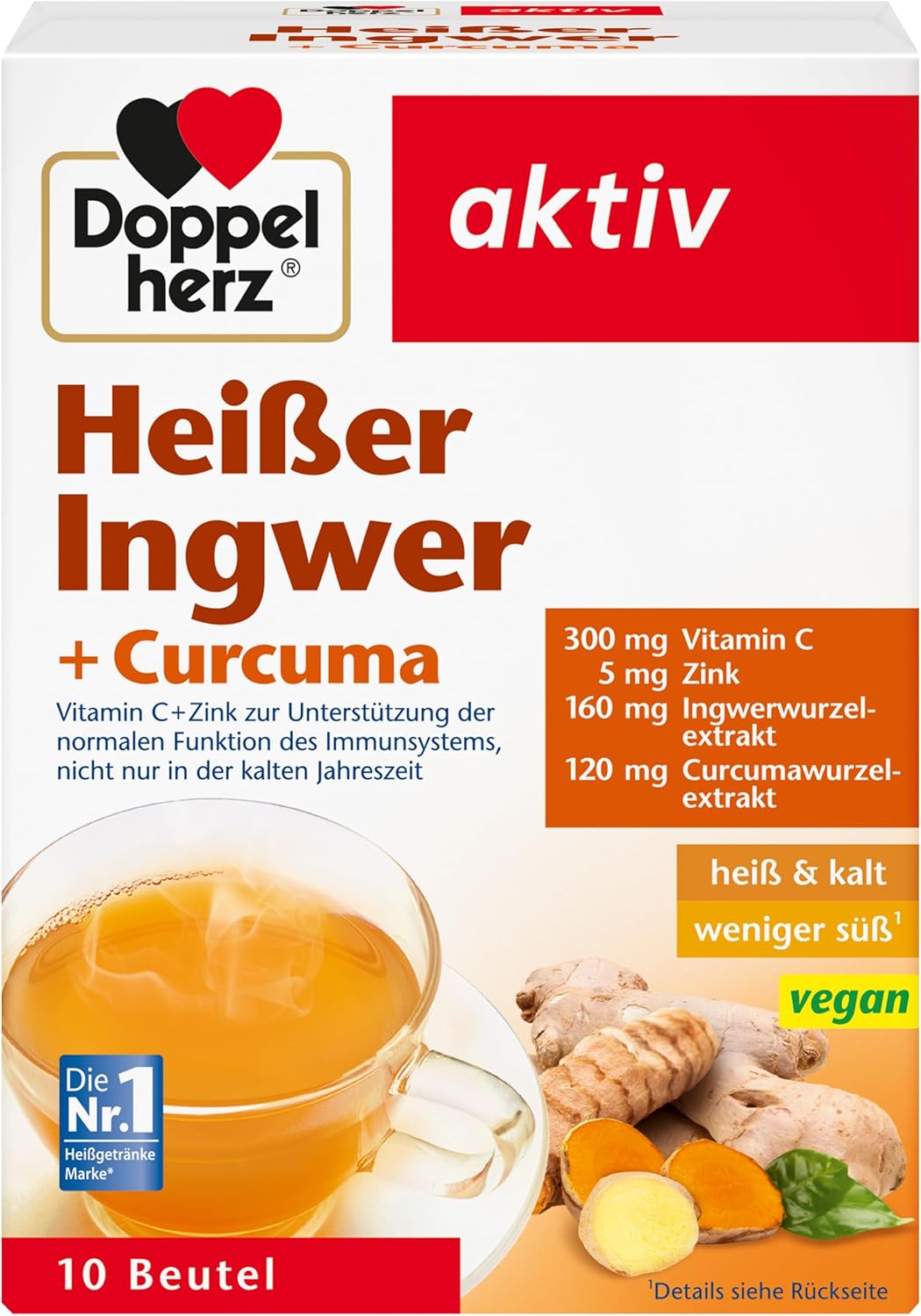 Doppelherz Hot Ginger and Curcuma - Vitamin C and Zinc to Support the Normal Function of the Immune System - Hot and Cold - Vegan - 10 Bags