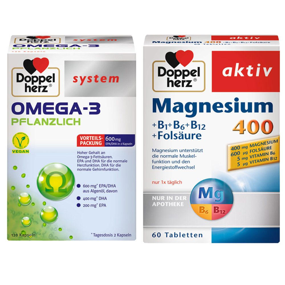 Doppelherz® active Magnesium 400 + B1 + B6 + B12 + Folic Acid Tablets + Doppelherz® system OMEGA-3 Plant-based 1 St