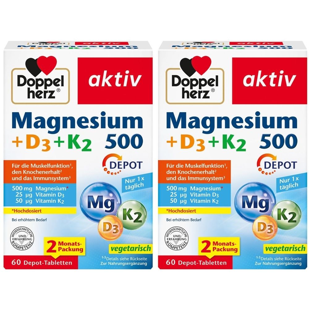 Doppelherz® Magnesium + D3 + K2 500, 2x60 pieces, 120 capsules