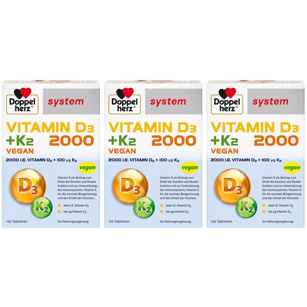 Doppelherz® system Vitamin D3 + K2 2000 Vegan, 360 capsules