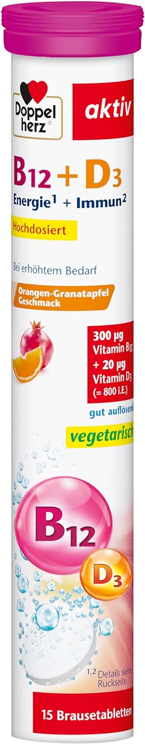 Doppelherz Vitamin B12 + D3 - High Dose with 300 μg Vitamin B12 and 800 IU Vitamin D3 for Normal Function of the Immune System - 15 Effervescent Tablets