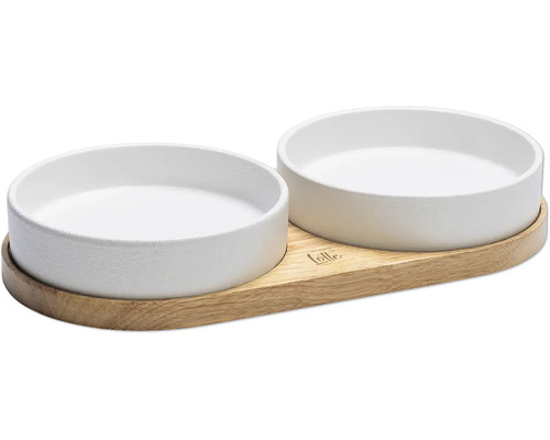 Double bowl designed by Lotte Dinner set cat Lojs wooden bowl stand approx. 34 x 17 x 5 cm with 2 ceramic bowls, dishwasher safe approx. 16 x 16 x 3.5 cm, 350 ml each