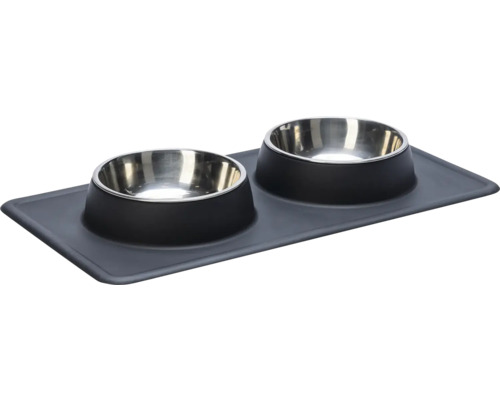 Double bowl Karlie dinner set Dex silicone bowl stand black approx. 44 x 23 x 4.5 cm with 2 stainless steel bowls, dishwasher safe, 350 ml each