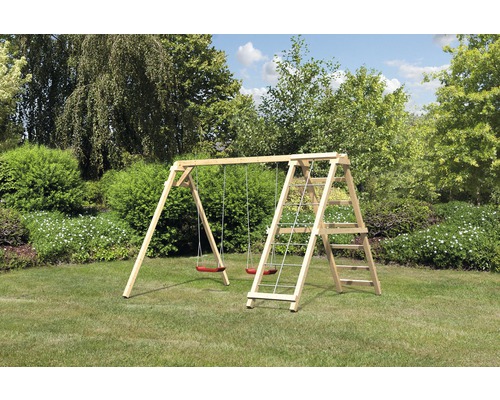 Karibu AKUBI Felix double swing with climbing frame and net ramp