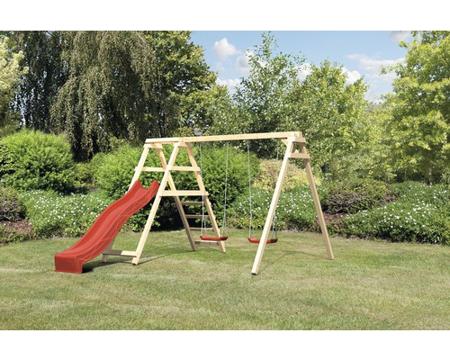 Karibu Double swing AKUBI Felix with climbing frame and slide red