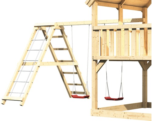 Karibu Double swing extension AKUBI Lotti, Danny, Luis with climbing frame, net ramp