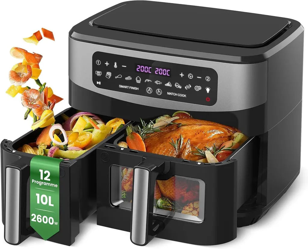 CIRCLIO Double Air Fryer with Viewing Window, 10L (4L x 6L) 2600W Capacity, 12-in-1 Programs, Air Fryer with Touchscreen, DualZone Pro