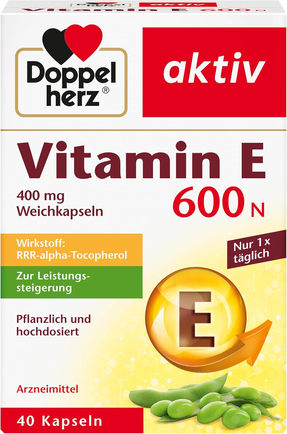 Doppelherz Double Heart Vitamin E 600 N Soft/Drug Vegetable and Hochdosiert/Vitamin E Capsules Improve Performance/1 x 40 Capsules