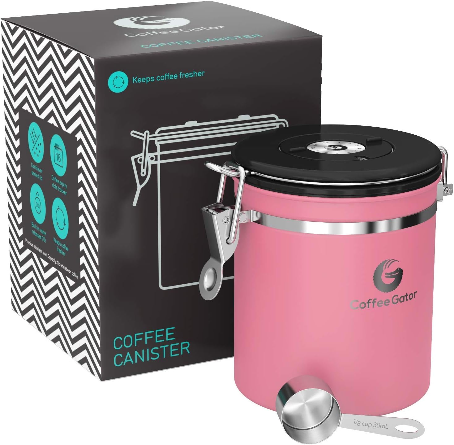 Coffee Gator Stainless Steel Coffee Canister - Keeps Ground Coffee and Beans Fresh Longer - Container with Date Tracking, CO2 Release Valve and Measuring Spoons (Large, Grey), pink