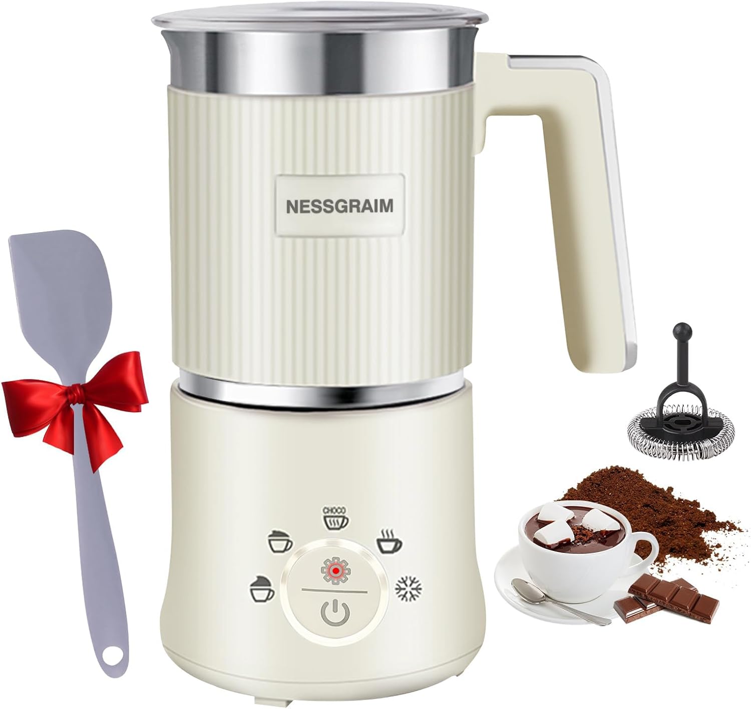 Electric Milk Frother 5-in-1, Milk Frother Dishwasher Safe with Cocoa Function for Hot Chocolate, Hot/Cold Milk Foam, Warm Milk, 220 V (Beige)