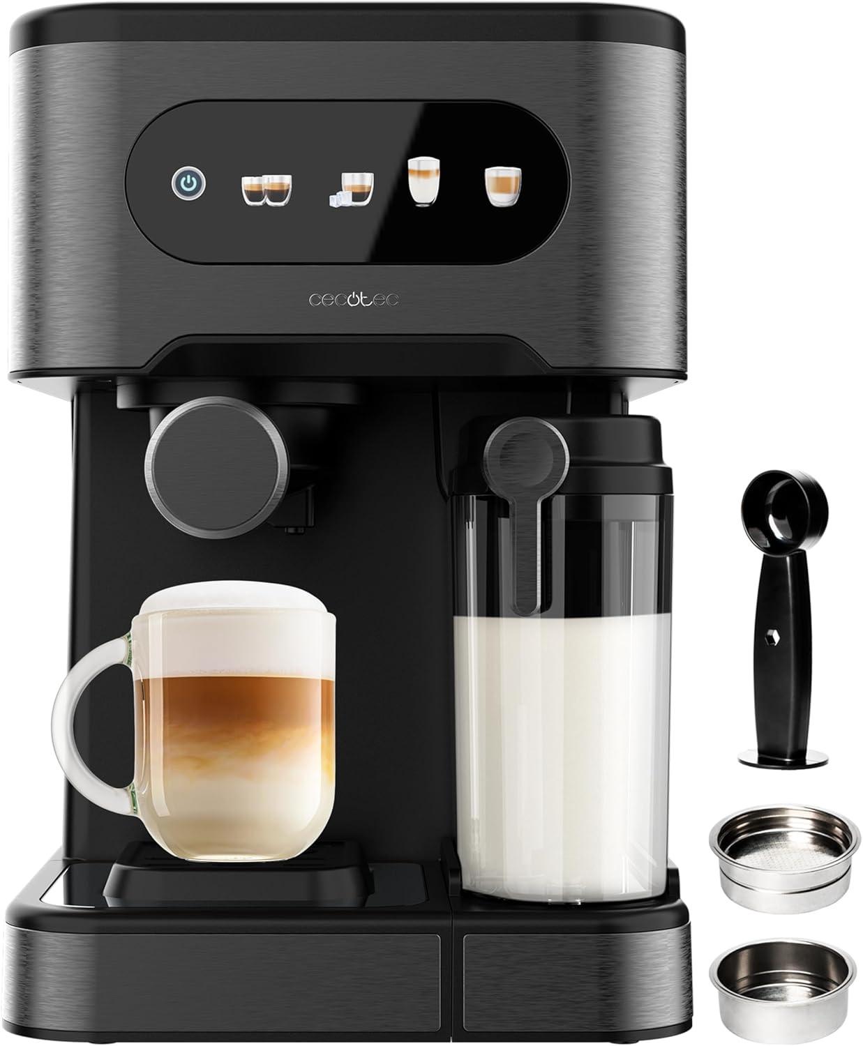 Cecotec Espresso Machine Power Espresso 20 ColdBrew Latte Fresh. 1350 W, 20 Bar, ColdBrew, Color Touch Screen, 1.5 L Water Tank, 500 ml Milk, Dark Steel, Cup Warmer, Double Arm, Removable