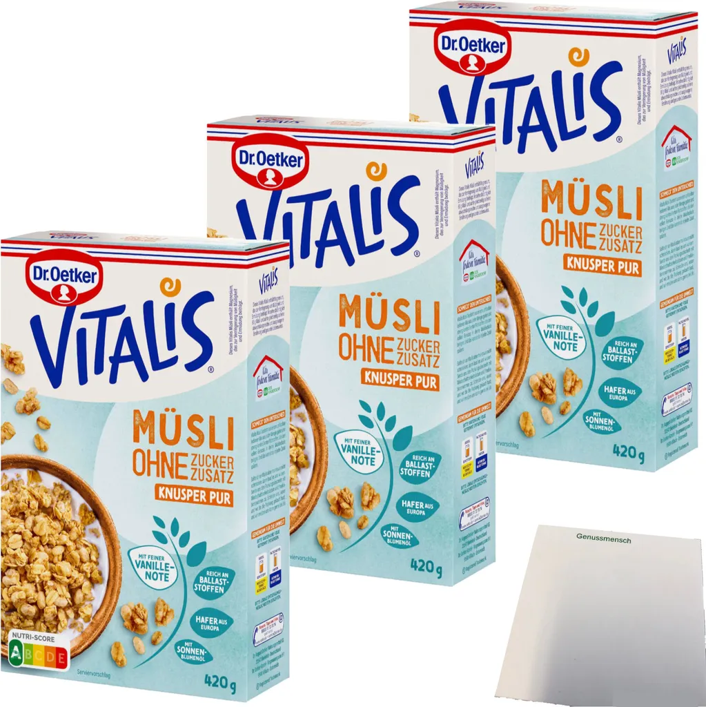 Dr. Oetker Vitalis Crunchy Muesli with no added sugar, 3-pack (3x420g pack) + usy Block