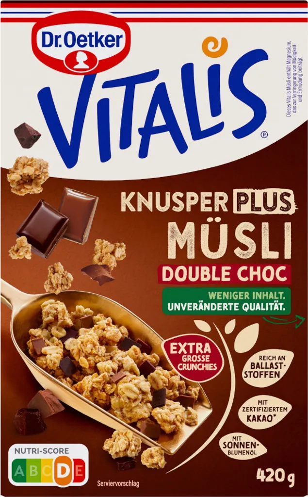 Mega-Paradies Dr. Oetker Vitalis KnusperPlus Double Choc crunchy muesli pack 420g