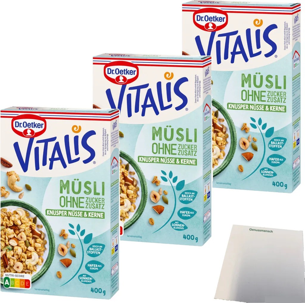 Dr. Oetker Vitalis Muesli Crunchy Nuts and Seeds with no added sugar 3-pack (3x400g pack) + usy Block