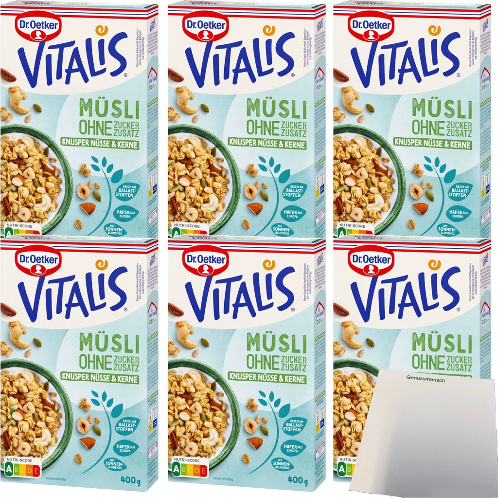 Dr. Oetker Vitalis Muesli Crunchy Nuts and Seeds with no added sugar 6-pack (6x400g pack) + usy Block