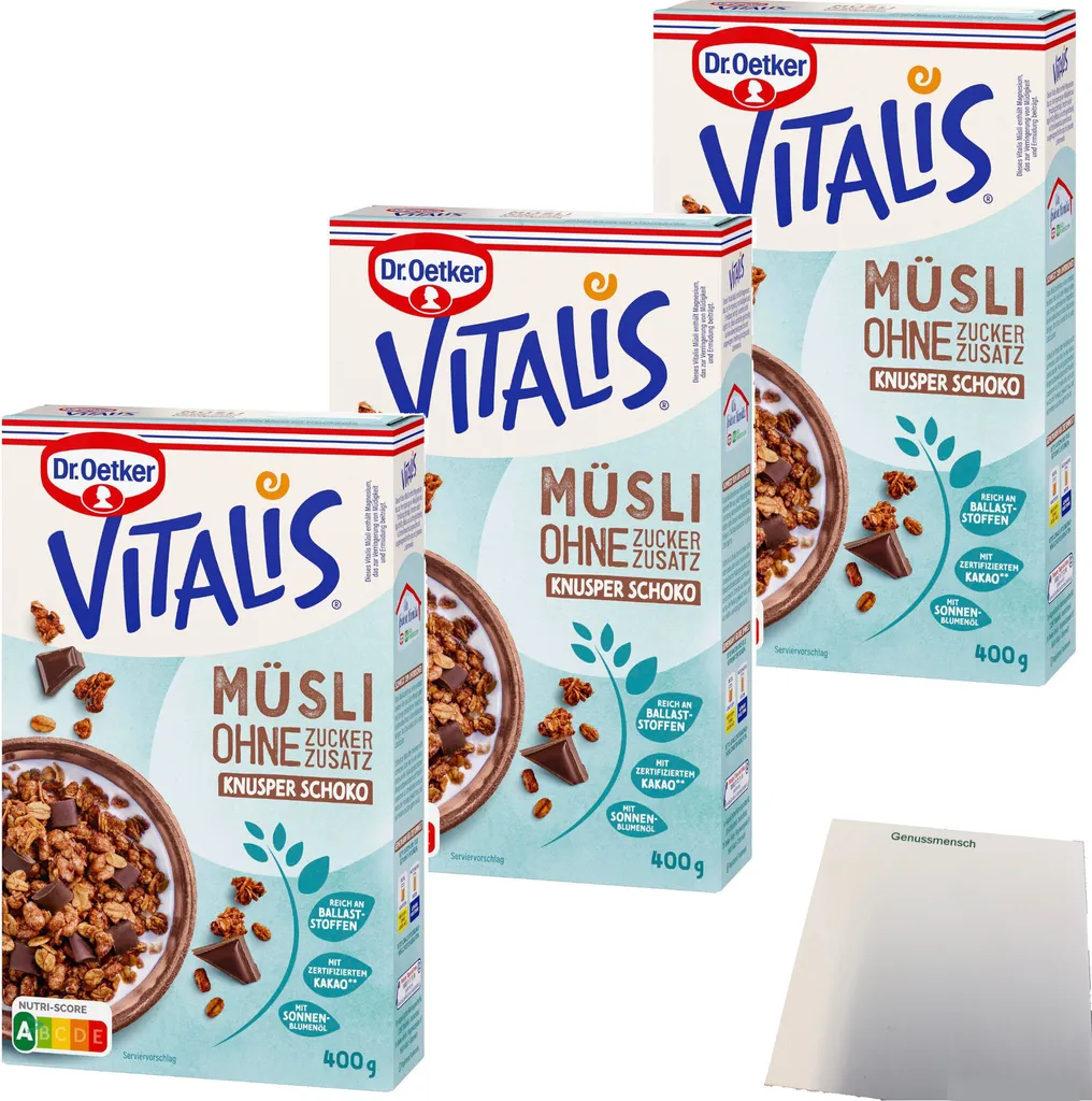 Dr. Oetker Vitalis Muesli Crunchy Muesli Chocolate with no added sugar 3-pack (3x400g pack) + usy Block