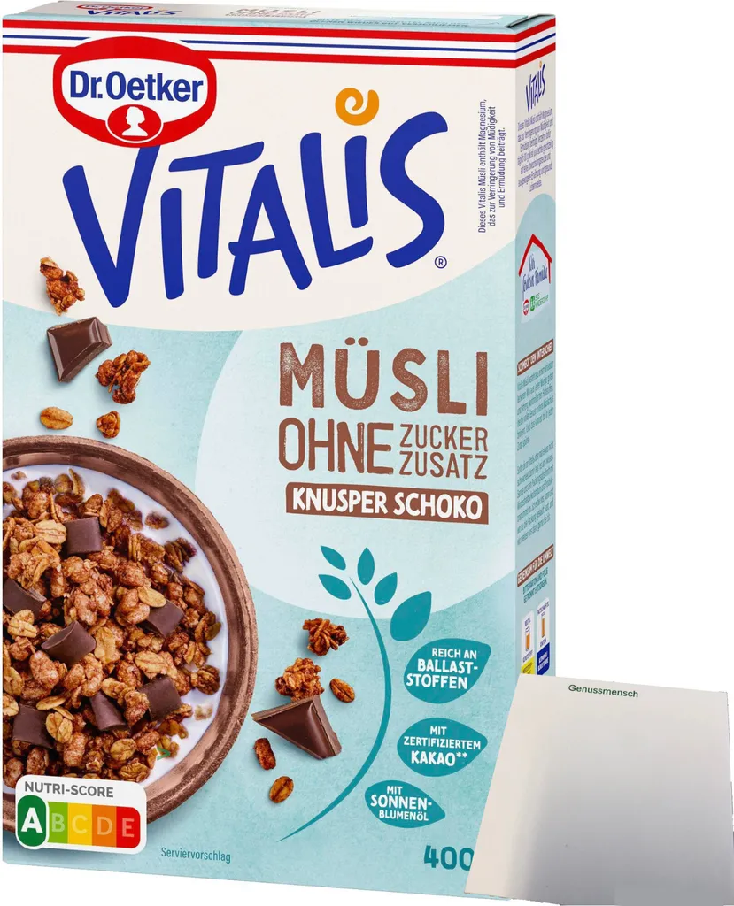 Dr. Oetker Vitalis Muesli Crunchy Muesli Chocolate with no added sugar (400g pack) + usy Block