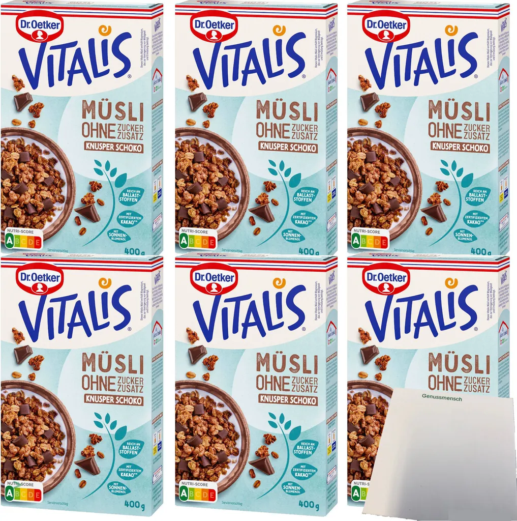 Dr. Oetker Vitalis Muesli Crunchy Muesli Chocolate with no added sugar 6-pack (6x400g pack) + usy Block