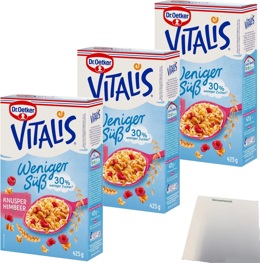 Dr. Oetker Vitalis less sweet crunchy raspberry muesli 3-pack (3x425g pack) + usy block