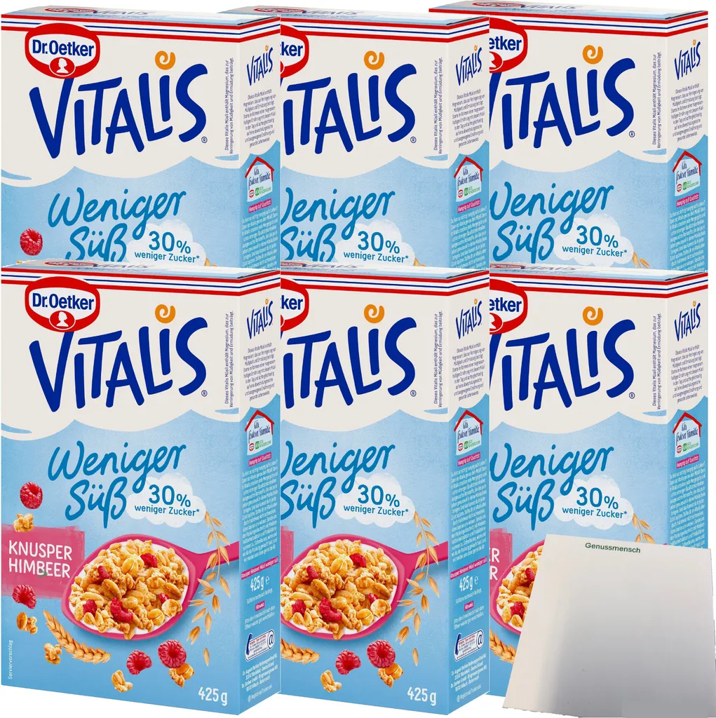 Dr. Oetker Vitalis less sweet crunchy raspberry muesli 6-pack (6x425g pack) + usy block
