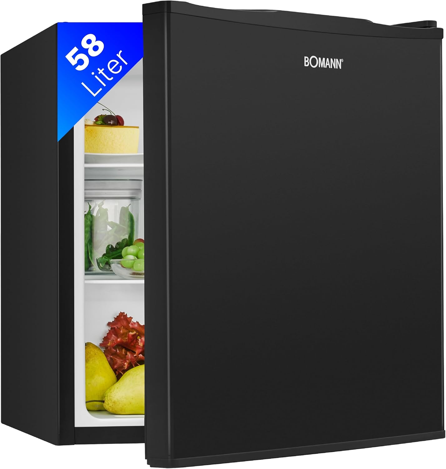 Bomann KB 7347 Mini Fridge with 58 Liter Capacity | Small Fridge with 2 Removable Glass Shelves | Mini Fridge with Continuous Temperature Control and Interchangeable Door Hinge | Black