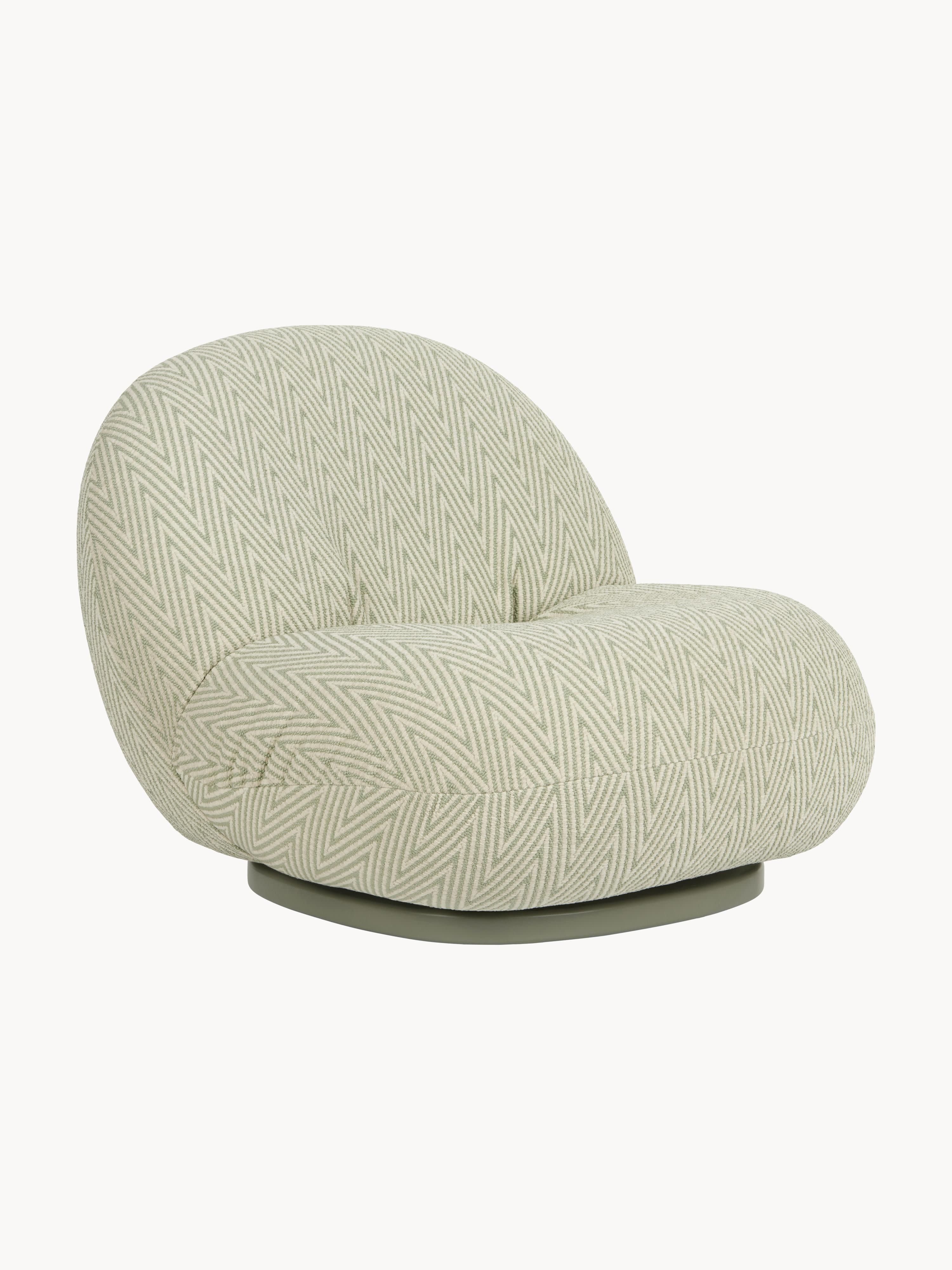 gubi Pacha swivel garden chair, Woven fabric in sage green, light beige, and greige
