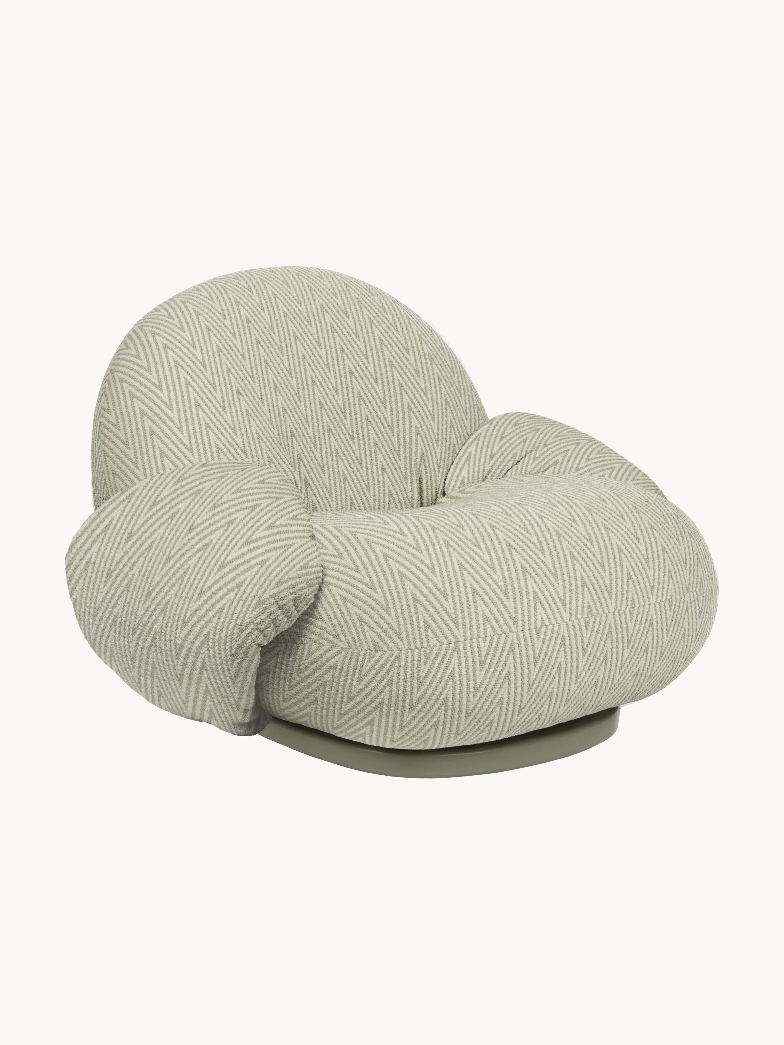 gubi Pacha swivel garden chair, Woven fabric in sage green, light beige, and greige