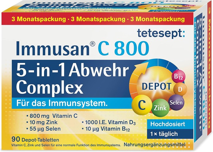 tetesept Immusan C 800 5-in-1 Depot Complex - Immune System - Dietary Supplement with Vitamin C, D, B12, Zinc and Selenium - 1 x 90 Tablets (3 Month Pack)