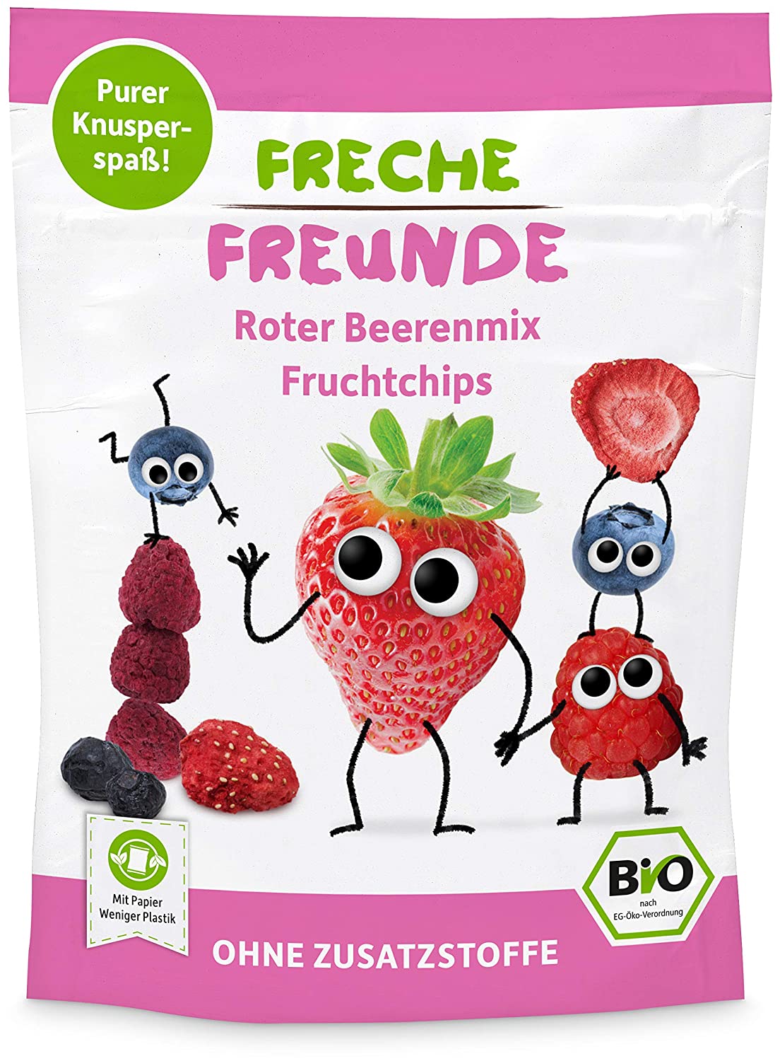 FRECHE FREUNDE Bio Fruchtchips \"100% Roter Beerenmix\", gefriergetrocknete rote Beeren, ohne Zuckerzusatz, vegan, glutenfrei, 12er Pack (12 x 10g)