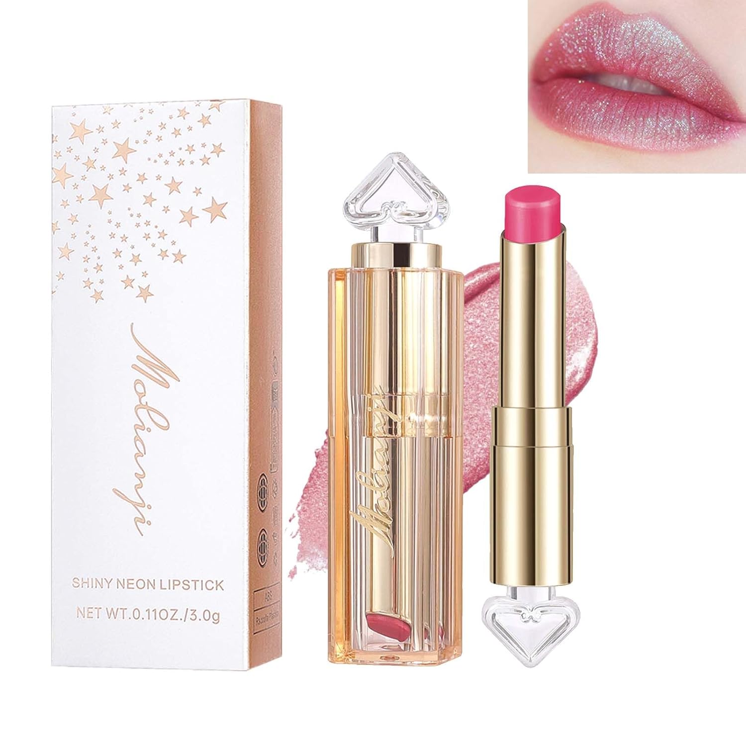 EONFAVE Diamond Glitter Lipstick, Pearlescent Lipstick, Hydrating Glitter Lipstick Pink, Sparkling Lip Blam, Lasting Moisturing, Shimmer Metallic Lipstick, Creamy Texture, Smooth Application, Waterproof