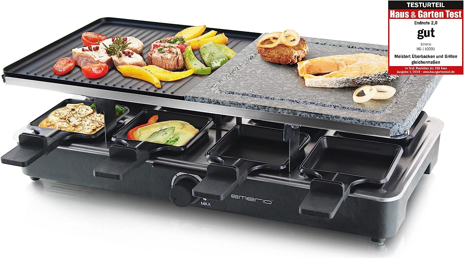 Emerio RG-110035 Raclette 8 Person Hot Stone Adjustable Temperature Natural Stone Plate Including 8 Frying Pans, Stoneware, Black