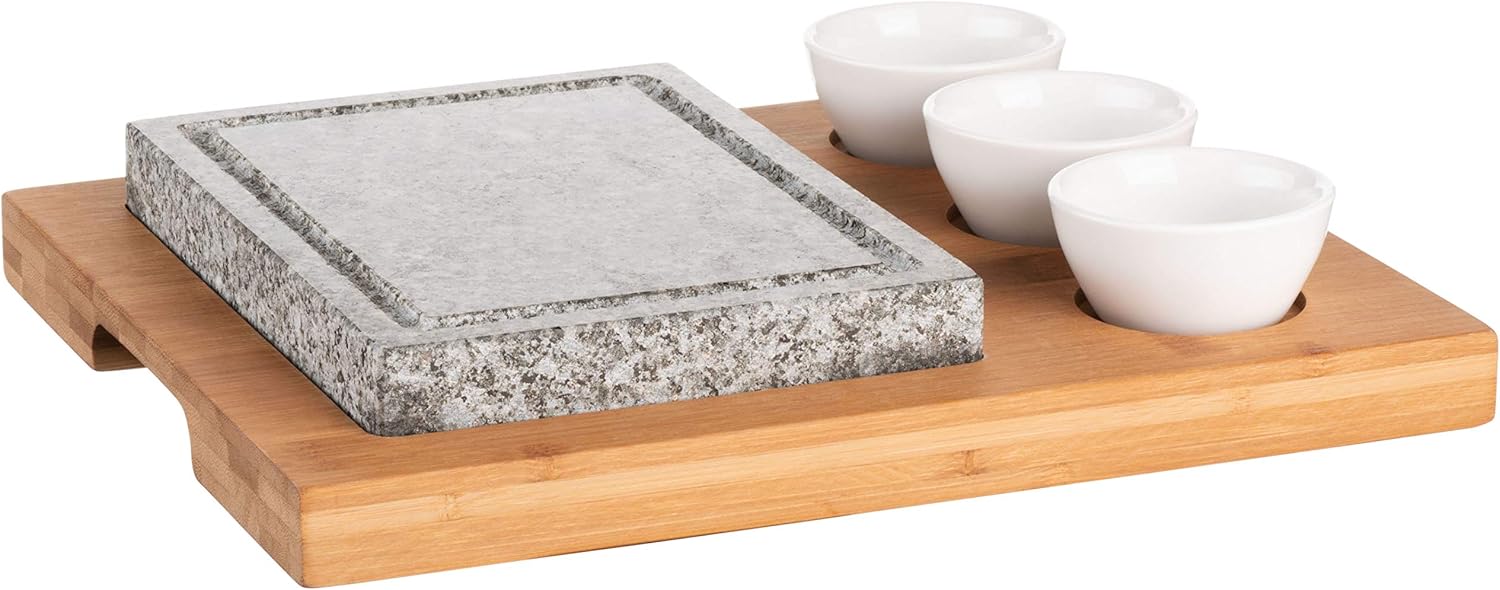 MÄSER 931758 Hot Stone, Grill Stone Set with Natural Granite Grill Stone, 3 Dipping Bowls and Bamboo Wooden Plate, Hot Stone Grill, Perfect for Steak, Meat and Fish